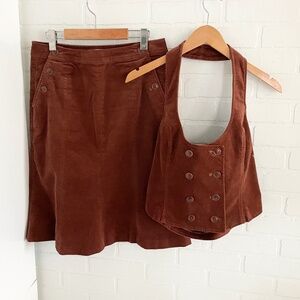 Vintage Y2K Skirt/Vest Matching set Faux suede/velvet Country Rusty brown Sz 2